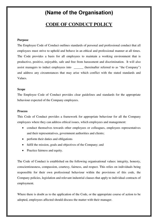 Employee Code Of Conduct Policy Download PDF Word