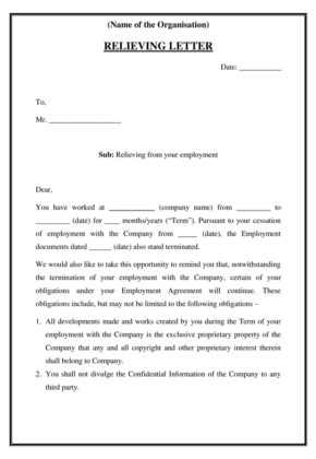 employee relieving letter format